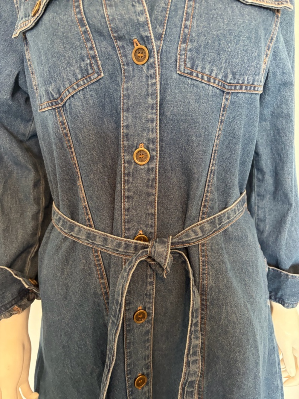 #582 Frye Blue Denim Button-Front Shirt Dress with Waist Tie - Picture 6 of 12